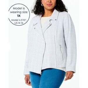 G by Giuliana Black Label Chenille Tweed Moto Women's Jacket 2X Blue White Soft‎